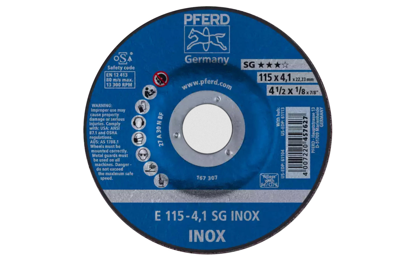 High quality 4-1/2" Grinding Wheel made by Pferd in Germany. This grinding wheel is designed for stainless & also suitable for steels, cast iron grinding. Made without ferrous, sulphurous or chlorinated fillers. 4-1/2" diameter of wheel. 7/8" Arbor. 1/8" thickness of blade. Model 61104. 4007220457627. Made in Germany.