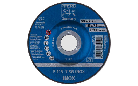 High quality 4-1/2" Grinding Wheel made by Pferd in Germany. This grinding wheel is designed for stainless & suitable for steels, cast iron grinding. Made without ferrous, sulphurous or chlorinated fillers. 4-1/2" diameter of wheel. 7/8" arbor. 1/4" thickness of blade. Model 61105. 4007220470244. Made in Germany.