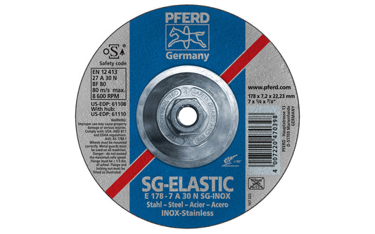 High quality 7" Grinding Wheel made by Pferd in Germany. Model 61110. Designed for steel & stainless, Hi-temp alloys, carbon steels. General purpose grinding for metal, weld seam finishing, surface grinding. Fast cutting action. 7" diameter. 5/8-11 Threaded hub. 1/4" thickness of blade. 4007220470398. Made in Germany.