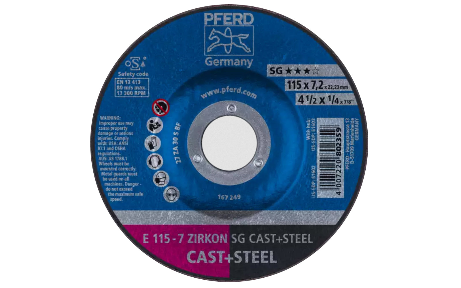 High quality 4-1/2" Zirconium Grinding Wheel made by Pferd in Germany. Model 61602. Zirconia alumina (Zirconium) grinding wheel is designed for steels & cast iron with excellent material removal rate. Fast cutting. 4-1/2" diameter. 7/8" arbor hole. 1/4" thickness of blade. 4007220802359. Made in Germany.