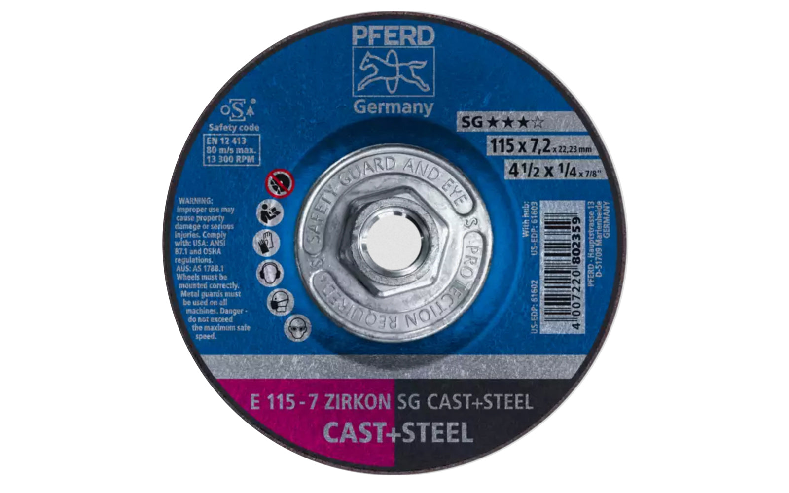 High quality 4-1/2" Zirconium Grinding Wheel made by Pferd in Germany. Model 61603. Zirconia alumina (Zirconium) grinding wheel is designed for steels & cast iron with excellent material removal rate. Fast cutting. 4-1/2" diameter. 5/8-11" threaded hub. 1/4" thickness of blade. 4007220692721. Made in Germany.