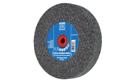 6" Aluminum Oxide Bench Grinding Wheel made by Pferd in Germany. General purpose grinding on steel, stainless, cast iron, high speed steels, & ferrous metals. Used for sharpening edges on tools. 1" thick wheel. 1" arbor hole. 24 grit. Has bushings with 1/2", 5/8", 3/4" sizes. 097758617437. Model 61743. Made in Germany.