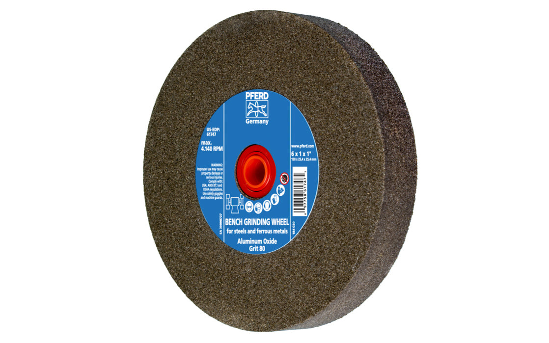 6" Aluminum Oxide Bench Grinding Wheel made by Pferd in Germany. General purpose grinding on steel, stainless, cast iron, high speed steels, & ferrous metals. Used for sharpening edges on tools. 1" thick wheel. 1" arbor hole. 80 grit. Has bushings with 1/2", 5/8", 3/4" sizes. 097758617475. Model 61747. Made in Germany.