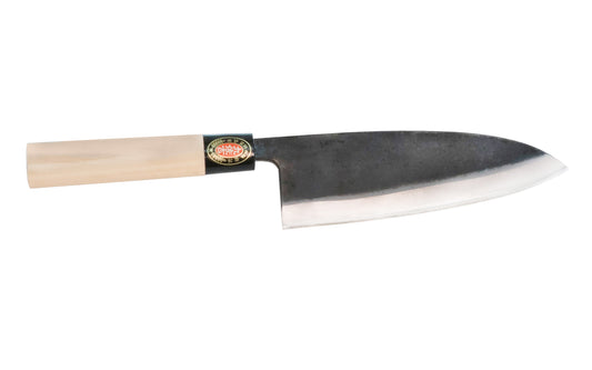 This Japanese Kyusakichi "Atsu Hocho" Laminated Knife 180 blade is a very thick & heavy duty kitchen knife. The blade is 5/16" (8 mm) thick & is suitable for heavy slicing & cutting tasks. Laminated with high carbon and mild steel. Wooden Handle. Made in Japan. Model 6211. 4951572006319. Kusakichi Kitchen Knife