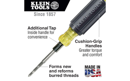 Klein Tools 6-in-1 Tap Tool quickly forms new threads & re-forms burred threads. Also good for cleaning out plaster obstructions. Each tap size rethreads to the next larger size if threads are stripped. Accommodates six tap sizes: 6-32, 8-32, 10-32, 10-24, 12-24, 1/4-20. Model 626. Cushion-Grip handle. 092644626203