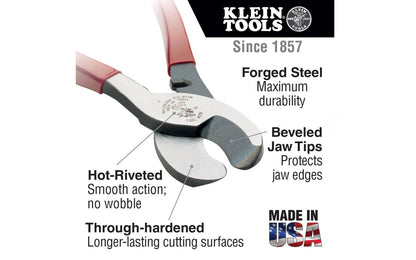 These Klein Tools high-leverage cable cutter cuts aluminum, copper & communications cable. Cable-gripping shear-type jaws provide exceptional cutting capability. Through-hardened, not case-hardened, cutting surfaces are longer-lasting. Model 63050. Made in USA.