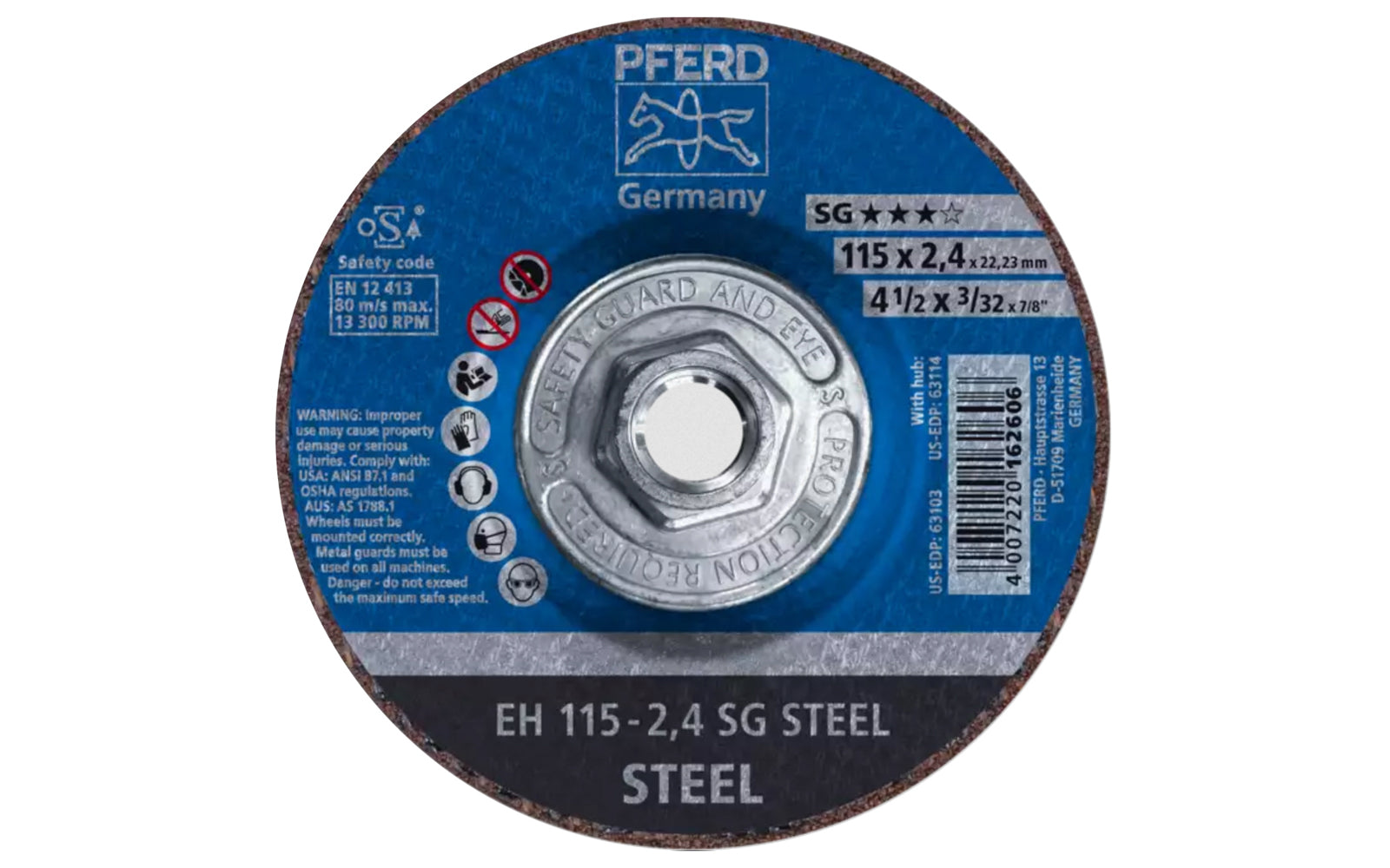 High quality 4-1/2" Cut-Off Wheel made by Pferd in Germany. Model 63114. Designed for steel, cutting of sheet metal, sections, cutting solid material. Fast cutting action. 4-1/2" diameter. 5/8-11 Threaded hub. 3/32" thickness of blade. 4007220694657. Made in Germany.