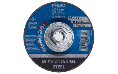 High quality 4-1/2" Cut-Off Wheel made by Pferd in Germany. Model 63114. Designed for steel, cutting of sheet metal, sections, cutting solid material. Fast cutting action. 4-1/2" diameter. 5/8-11 Threaded hub. 3/32" thickness of blade. 4007220694657. Made in Germany.