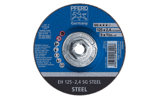 High quality 5" Cut-Off Wheel made by Pferd in Germany. Model 63116. Designed for steel (sheet metal, tool steel, HSS, structural steel) & also suitable for cast iron, & non-ferrous metals. Fast cutting action. 5" diameter. 5/8-11 Threaded hub. 3/32" thickness of  blade. 4007220162217. Made in Germany.