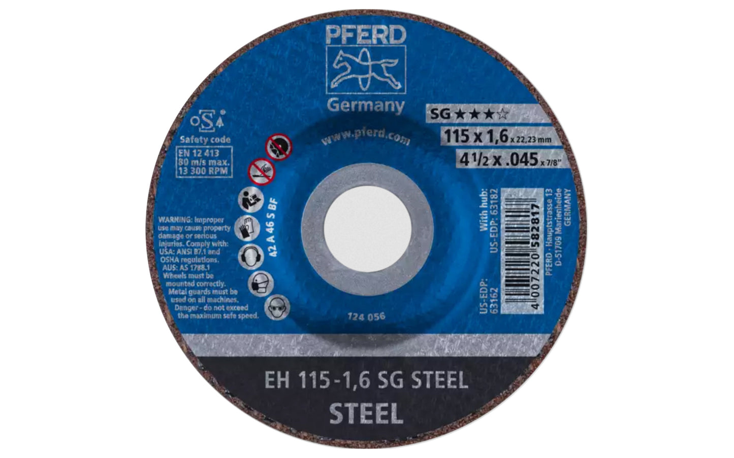 High quality 4-1/2" Cut-Off Wheel made by Pferd in Germany. Model 63162. Designed for steel, cutting of sheet metal, sections, cutting solid material. Fast cutting action. 4-1/2" diameter. 7/8" Arbor. .045" thickness of blade - Thin Cut Blade. 4007220582817. Made in Germany.
