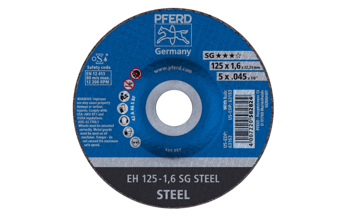 High quality 5" Cut-Off Wheel made by Pferd in Germany. Model 63163. Designed for steel (sheet metal, tool steel, HSS, structural steel, etc) & suitable for cast iron, & non-ferrous metals. Fast cutting. 5" diameter of wheel. 7/8" arbor hole. 0.045" thickness of blade. cut off disc. 4007220582824. Made in Germany.