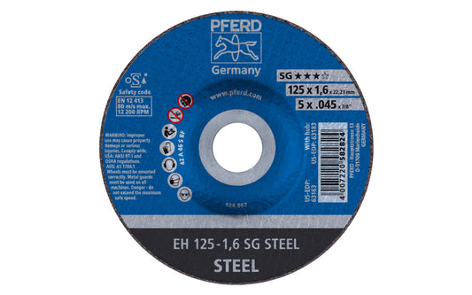 High quality 5" Cut-Off Wheel made by Pferd in Germany. Model 63163. Designed for steel (sheet metal, tool steel, HSS, structural steel, etc) & suitable for cast iron, & non-ferrous metals. Fast cutting. 5" diameter of wheel. 7/8" arbor hole. 0.045" thickness of blade. cut off disc. 4007220582824. Made in Germany.