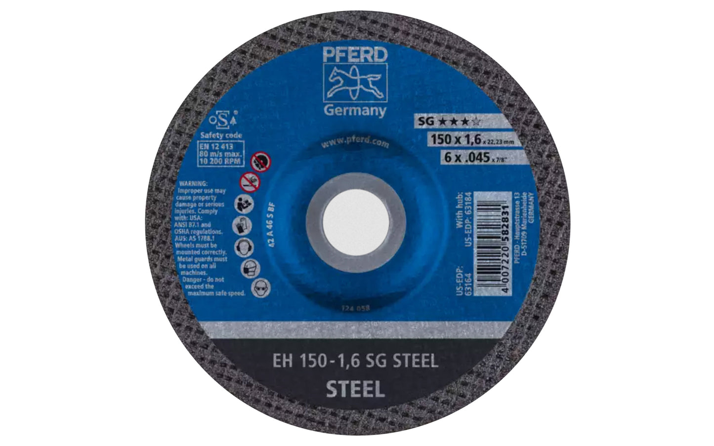 High quality 6" Cut-Off Wheel made by Pferd in Germany. Model 63164. Designed for steel (sheet metal, tool steel, HSS, structural steel, etc) & suitable for cast iron, & non-ferrous metals. Fast cutting. 6" diameter of wheel. 7/8" arbor hole. 0.045" thickness of blade. cut off disc. 4007220582831. Made in Germany.
