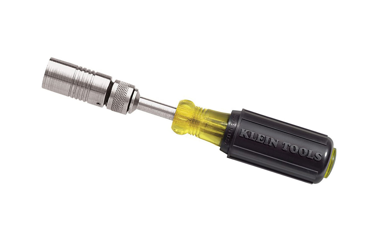 Klein Tools Drive-A-Matic Cushion-Grip nut driver automatically fits 15 different nut and screw sizes. Hex head adjusts to the proper size as you turn it. Drives or loosens hex nuts from 1/4'' (6 mm) to 7/16'' (11 mm), hex-head screws from No. 6 to 1/4'' (6 mm) and socket-head cap screws from No. 8 to 5/16'' (8 mm).