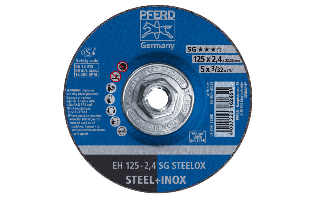 High quality 5" Cut-Off Wheel made by Pferd in Germany. Model 63214. Designed for steel & stainless steels & suitable for non-ferrous metals. Can use on super alloys such as Inconel & Monel. Fast cutting action. 5" diameter. 5/8-11 Threaded hub. 3/32" thickness of blade. 4007220162651. Made in Germany.