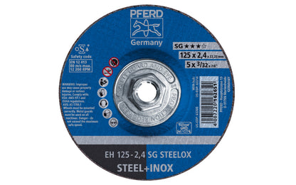 High quality 5" Cut-Off Wheel made by Pferd in Germany. Model 63214. Designed for steel & stainless steels & suitable for non-ferrous metals. Can use on super alloys such as Inconel & Monel. Fast cutting action. 5" diameter. 5/8-11 Threaded hub. 3/32" thickness of blade. 4007220162651. Made in Germany.
