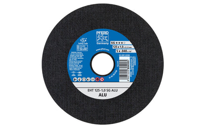 High quality 5" Cut-Off Wheel made by Pferd in Germany. Model 63590. Cut off wheel is designed for aluminum, but also suitable for copper, brass, bronze, & non-ferrous metals. It has fast cutting action. 5" diameter of wheel. 7/8" arbor hole diameter. 0.040" thickness of blade. 4007220804995. Made in Germany.