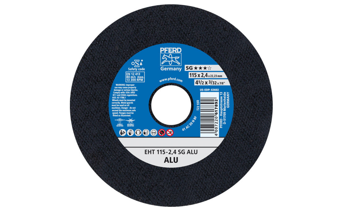 High quality 4-1/2" Aluminum Cut-Off Wheel made by Pferd in Germany. Designed for tough & hard aluminum & suitable for non-ferrous metals. Blade contains no fillers. Fast cutting action. 4-1/2" diameter of wheel. 7/8" arbor hole diameter. 3/32" thick blade. cut off disc. 4007220617892. Model 63602. Made in Germany.