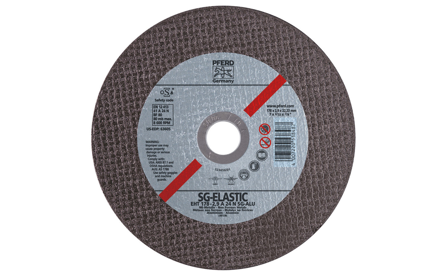 High quality 7" Aluminum Cut-Off Wheel made by Pferd in Germany. This cut off disc is designed for aluminum, but also suitable for copper, brass, bronze, & non-ferrous metals. Fast cutting action. 7" diameter of wheel. 7/8" arbor hole diameter. 1/8" thick blade. 4007220163481. Model 63605. Made in Germany.
