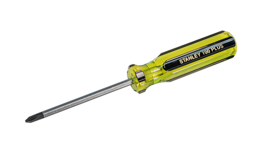 Stanley "100 Plus" No. 2 Phillips Screwdriver is great for heavy-duty applications. Model 64-102-A. Screwdriver has magnetic black oxide tip allows secure grip on fasteners. Precision cold formed tips provide high torque performance. 100% acetate handle stands up to heavy industrial use. #2 Phillips Stanley Screwdriver