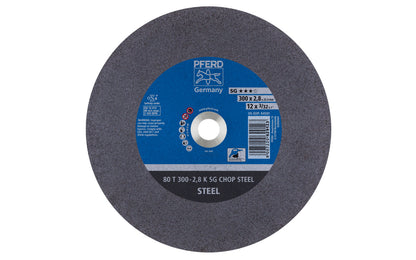 High quality 12" Cut-Off Wheel made by Pferd in Germany. Model 64501. Designed for steel (sheet metal, tool steel, HSS, structural steel, etc) & suitable for cast iron, & non-ferrous metals. Fast cutting. 12" diameter of wheel. 1" arbor hole. 3/32" thickness of blade. cut off disc. 4007220629123. Made in Germany.