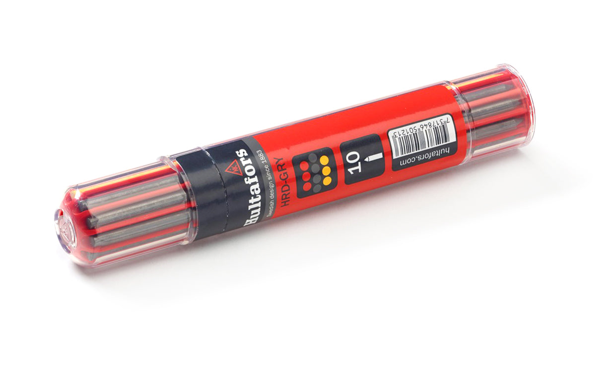 Hultafors Dry-Marker graphite refills HRD-GRY. 10 leads for marking on all types of surfaces. Graphite Lead Points. Graphite, Red, Yellow colors. Clip in the pocket or tool bag. Container protects the leads during transport & only ejects one lead at a time.  Refill fits the Hultafors Dry Marker. Part # 650120