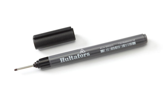 Hultafors Ink Deep-Hole Marker is for marking in hard-to-reach places & in narrow holes. Black color Pen. German Marking Pen. For use on most materials & surfaces. Clip on pen. Hultafors HIDHM B Marker No. 650310. 7317846503118. Made in Germany. Spirit Marker