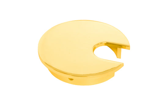 A good-looking grommet for desks or office spaces, etc. Made of zinc alloy die cast material with a shiny brass plated finish. 2-1/2" diameter hole, 3" diameter of top (lid) of grommet. Brass Plated Grommet for Desks - 2-1/2" Diameter Hole. Bright Brass desk grommet. Metal grommet