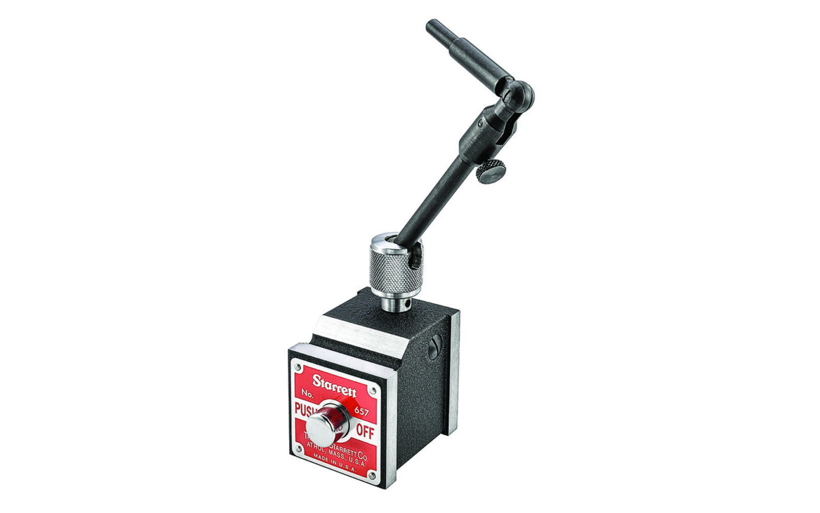 The Starrett 657A Magnetic Base Indicator Holder includes a swivel post assembly that provides universal adjustment in both horizontal and vertical planes. Magnetic Base with Swivel Post Assembly.   Made in USA. 