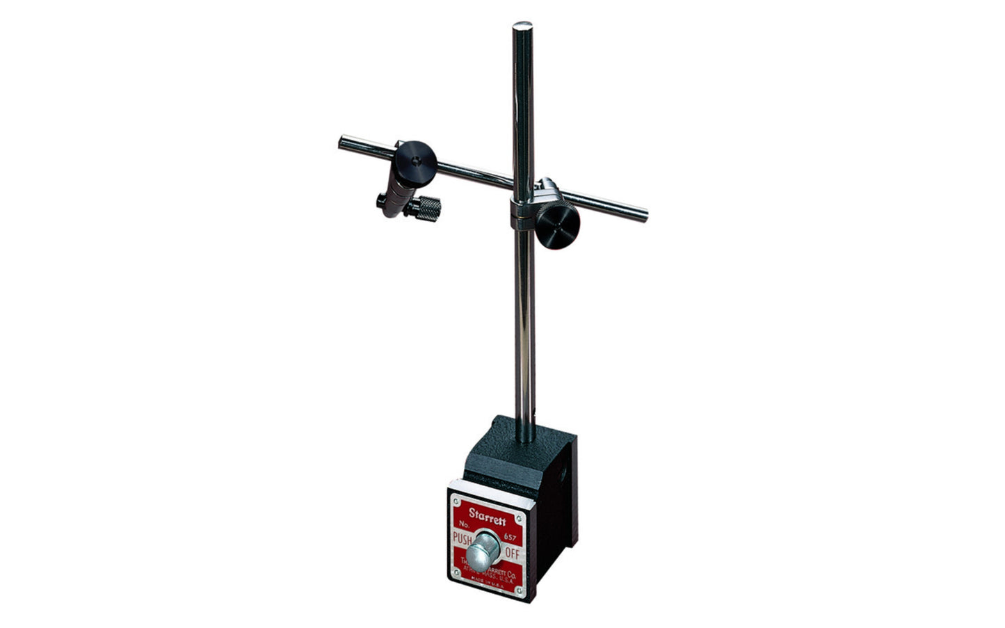 The Starrett 657AA Magnetic Base Indicator Holder is for use with all Starrett Test, Back-Plunger, AGD, Dial and Miniature-Dial Indicators. Also accommodates similar indicators of other manufacturers. Box not included.   Made in USA. 