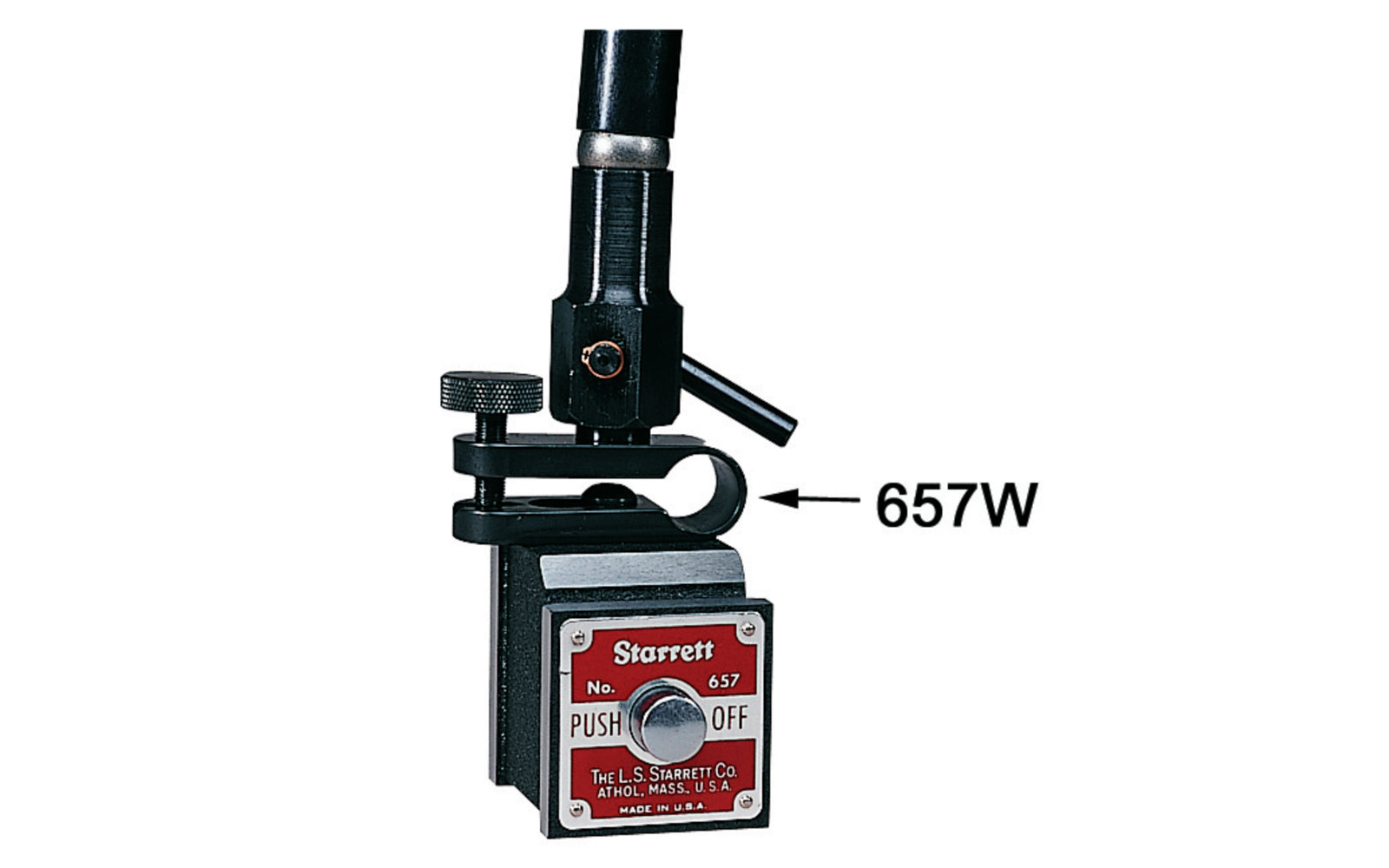 The Starrett 657W Attachment allows fine adjustments to be made, operated by turning the fine-adjusting thumb screw (with post locked in rigid position) to zero, then set the indicator. Fine Adjustment Attachment.  Made in USA. Fine-Adjustment Attachment Only.  