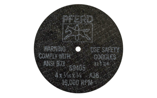 High quality 4" Cut-Off Wheel made by Pferd in Germany. This cut off wheel is designed for steel, cutting of sheet metal, sections, cutting solid material. The cut off disc has fast cutting action. 4" diameter of wheel. 1/4" Arbor. 1/16" thickness of blade. Made in Germany.