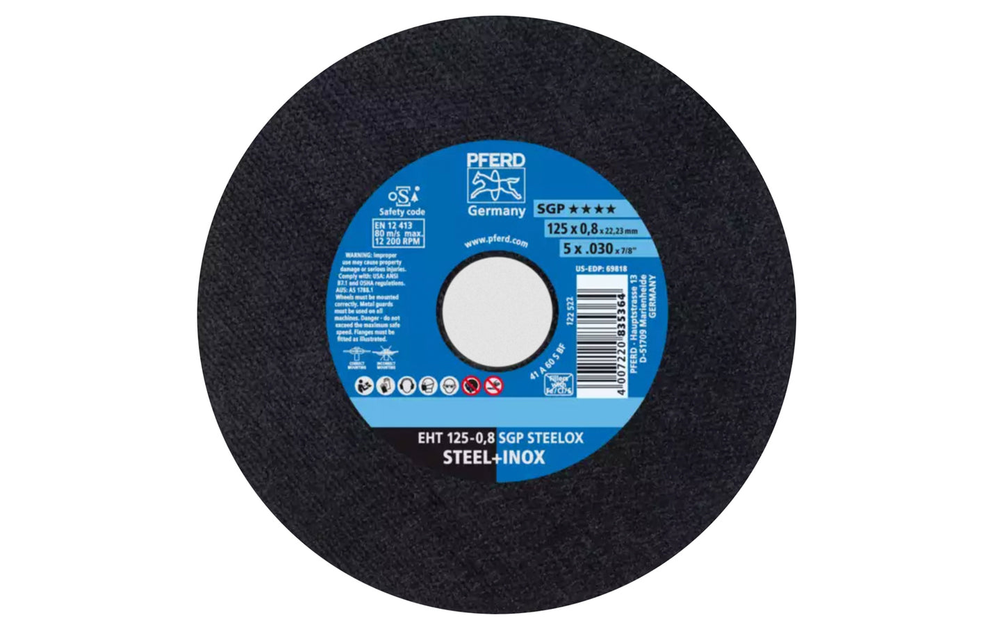 High quality 5" Cut-Off Wheel made by Pferd in Germany. This cut off wheel is designed for steel & stainless steels, cutting of thin sheet metal & profiles, cutting out holes. The cut off disc has fast cutting action. 5" diameter of wheel. 7/8" Arbor. .030" thickness - Extra thin blade. 4007220835364.  Made in Germany.