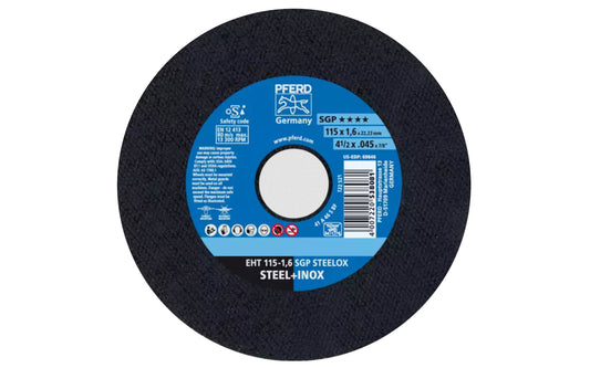 A high quality 4-1/2" Cut-Off Wheel made by Pferd in Germany. This cut off wheel is designed for steel & stainless steels, cutting of thin sheet metal & profiles, cutting out holes. The cut off disc has fast cutting action. 4-1/2" diameter of wheel. 7/8" Arbor. .045" thickness.  Made in Germany. 4007220579558