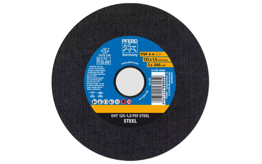 High quality 5" Cut-Off Wheel made by Pferd in Germany. This cut off wheel is designed for steel, cutting sheet metal, cutting holes, cutting solid material. The cut off disc has fast cutting action. 5" diameter of wheel. 7/8" arbor hole diameter. 0.040" thickness of blade. 4007220560259. Made in Germany.