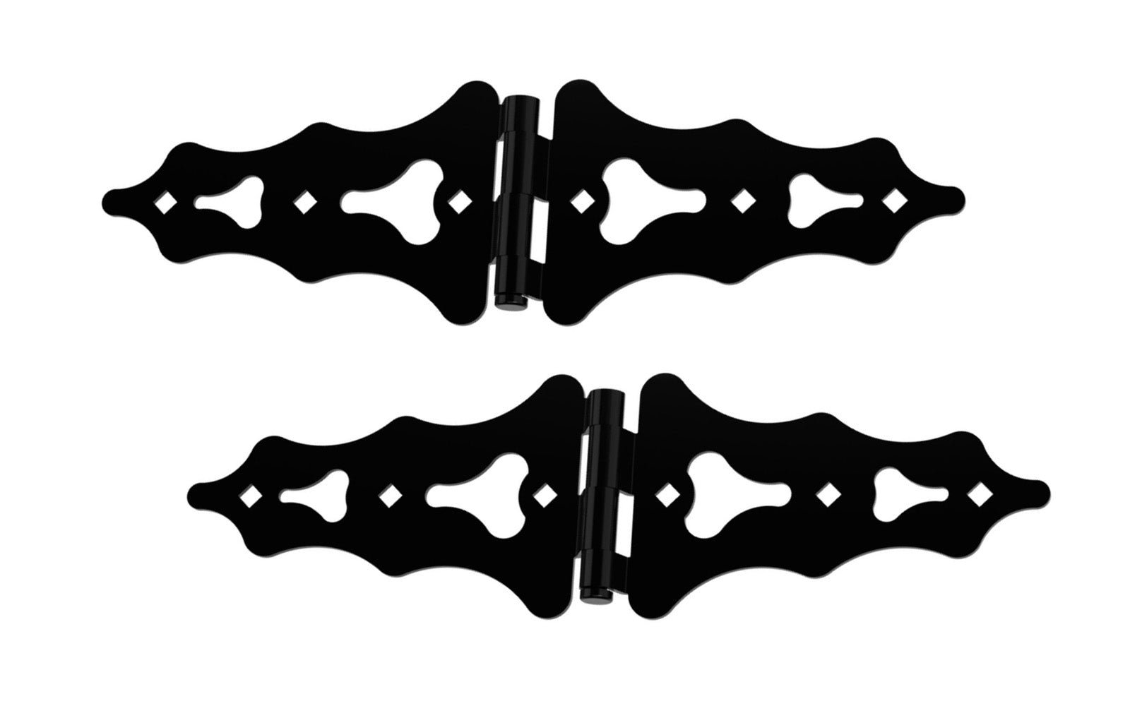 Black Finish Ornamental S-Hinges. Designed for gates, sheds, & rustic doors. Offset screw holes for extra strength & to prevent wood from splitting. Black finish for style & durability. Mounting hardware included for easy installation. For both left & right handed applications. National Hardware Model No. N166-011.