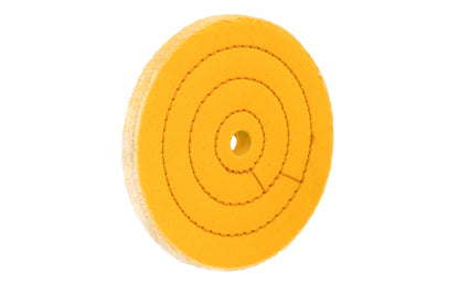 Yellow mill treated buffs perform more aggressively than regular cotton cloth. Use on all metals with the appropriate compound where a faster cut is needed. Made of fine cotton sheeting held together with two circles of lockstitch sewing. Made in USA. 1/2" wide thickness. 6" Diameter Wheel. 1/2" arbor hole