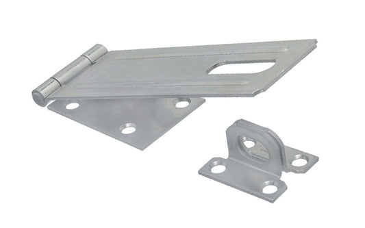 6" zinc-plated safety hasp is designed to secure a wide variety of cabinets, small doors, boxes, trunks, & more. For security, all screws are concealed when hasp is closed. Includes rigid, non-swivel staple. National Hardware Model N102-459 038613102453. Plated to withstand weather conditions & prevent corrosion.