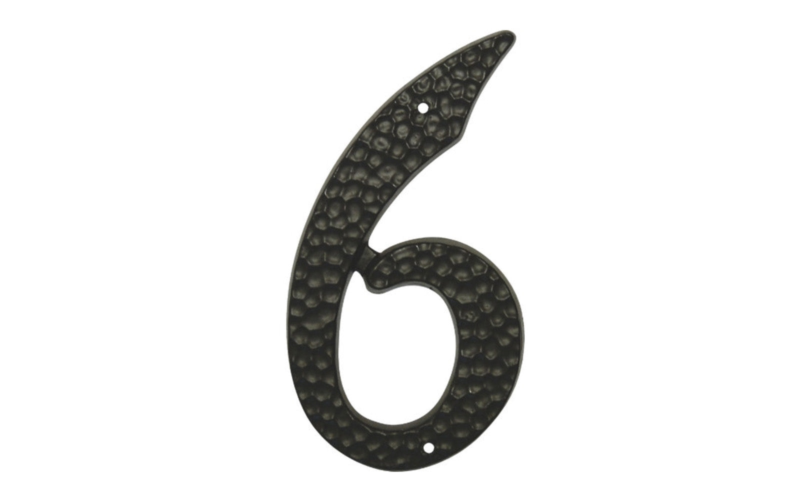Number Six Black Hammered House Number in a 3-1/2" Size. Made of die-cast aluminum material with a black hammered style. Mounting nails included. #6 House Number. Hy-Ko Model No. DC-3/6. 029069201067