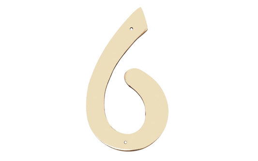 Number Six Solid Brass House Number in a 4" size. Made of solid brass material - 1/16" thickness. Lacquered brass finish. Mounting nails included. #6 House Number. Hy-Ko Model No. BR-40/6. 029069200961