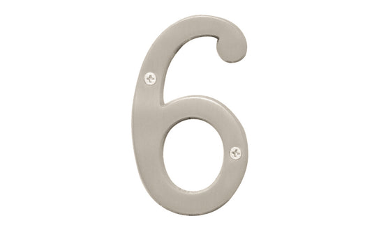 Number Six House Number in a 4" size. Satin nickel finish. Includes two phillips flat head screws. #6 house number. Hy-Ko Model BR-43SN/6.  Hardware house numbers for outdoors. Includes screws. 029069309367. #6 Satin Nickel House Number - 4" Size