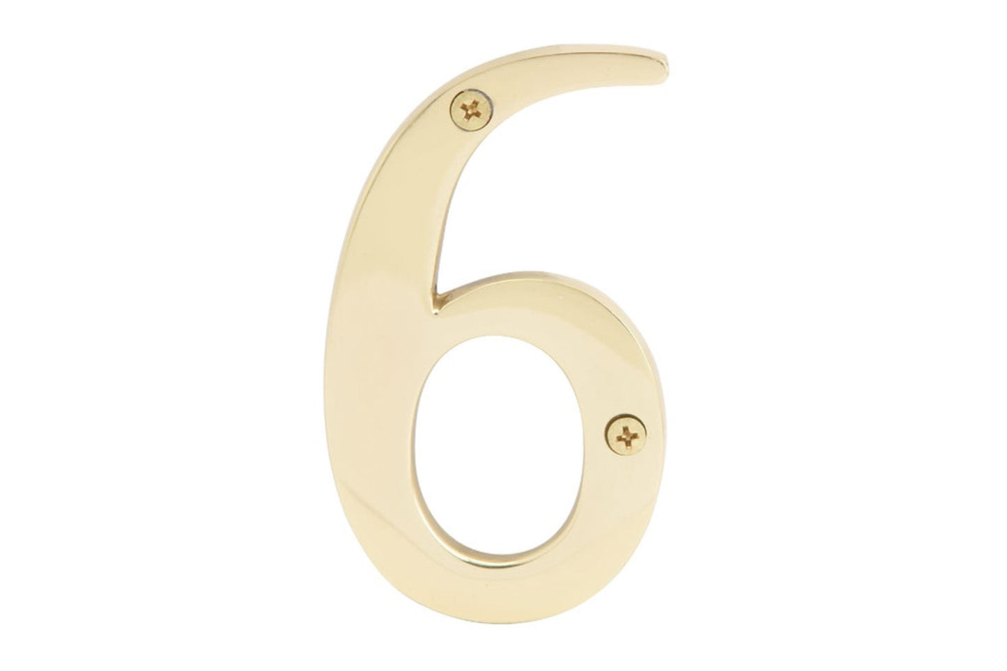 Number Six Solid Brass House Number in a 4" Size. Made of solid brass material - 1/4" thickness. Lacquered brass finish. Includes two flat head phillips screws. #6 House Number. Hy-Ko Model No. BR-90/6. 029069104962