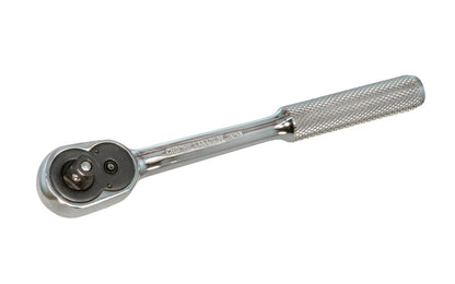 This 7-3/4" Quick Release Ratchet Handle 3/8" Dr is made of Chrome Vanadium Steel with an etched steel handle for a good grip. Quick Release with an easy change reversible ratchet direction. 7-3/4" overall length. 3/8" drive. Japanese Ratchet Handle. Made in Japan.