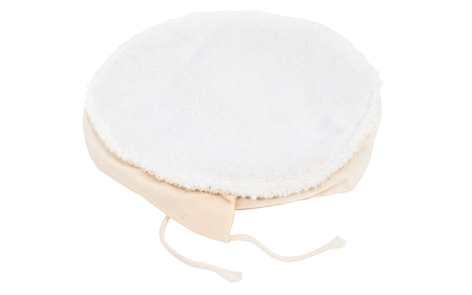7-8" Reversible Terry Cloth & Foam Tie-On Bonnet - quality USA-made Terry Cloth & Foam reversible bonnet. The unique reversible construction allows for application & removal of wax with one pad. Elastic edge that holds the bonnet firmly in place. Size to fit - For 7 to 8" diameter. drawstring ties.  Made in the USA.
