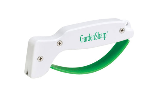 AccuSharp "GardenSharp" Tool Sharpener. Designed to sharpen all those single-edged garden tools such as pruning shears, loppers, hoes, shovels, & scythes. Full length finger guard protects fingers while the reversible diamond honed tungsten carbide blade sharpens. Made in USA. 015896000065