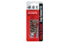 Lord & Hodge 3/8" Screw Stud Snap Fastener Kit. Replace broken or torn out snap fasteners. Contains 6 sets of snap fasteners, flaring tool & setting base. Snaps are nickel-plated. Studs are available for clamping onto canvas or a screw base for mounting on a hard surface. Made by Lord & Hodge. Model 1110. Made in USA.