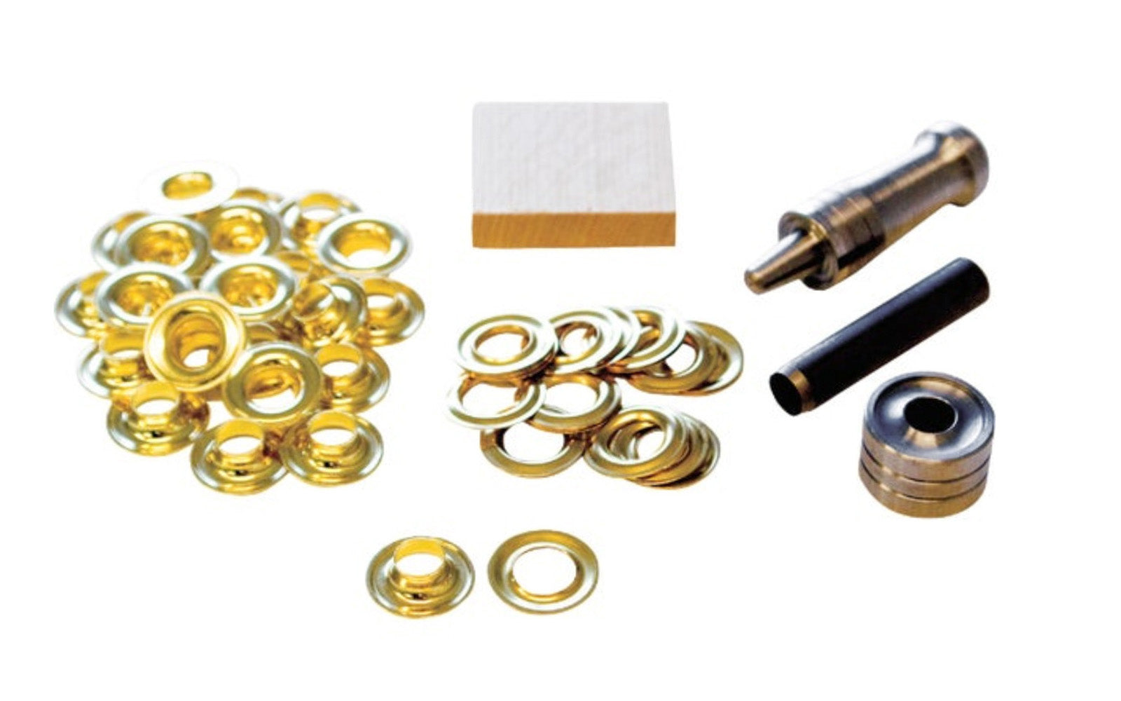 Lord & Hodge 3/8" Brass Grommet Kit for replacement or repairs in canvas or plastic. Instructions included. Tools with kit: Cutting block, hole cutter, inserting punch & die. Great for vinyl & canvas, tents, sails, covers for boats, trailers, pools, flags & banners, etc. 3/8" ID grommets. Model 1073A-2. Made in USA.