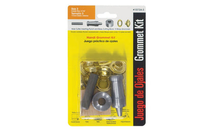 Lord & Hodge 7/16" Brass Grommet Kit for replacement or repairs in canvas or plastic. Instructions included. Tools with kit: Cutting block, hole cutter, inserting punch & die. Great for vinyl & canvas, tents, sails, covers for boats, trailers, pools, flags & banners, etc. 7/16" ID grommets. Model 1073A-3. Made in USA.