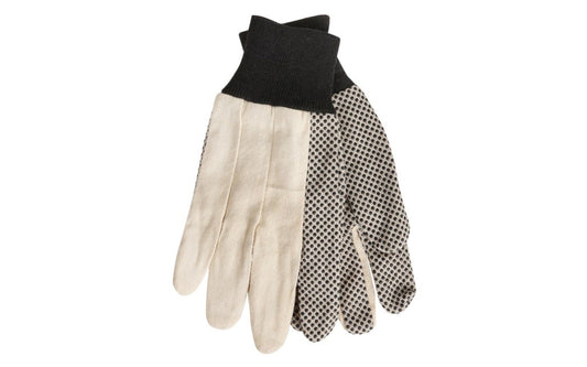 Large PVC Grip Canvas Gloves. White canvas glove with black PVC (polyvinyl chloride) dotted durable-sure grip palm. Ideal for any general use application. Clute cut with knit wrist. Size: men's large. 1 pair. Made by Do It.