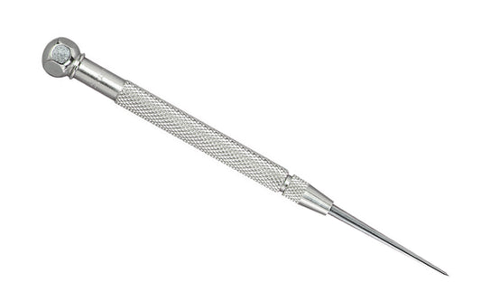 Starrett 70A Pocket Scriber - 1/4" Body. Steel handle, knurled, & nickel plated. Scriber is held firmly in the handle by a knurled chuck. Can be reversed, telescoped into the handle, & locked by the chuck. 2-3/8" (60mm) long scriber point. Hexagon-shaped head prevents rolling. Starrett Pocket Scribe. Made in USA.